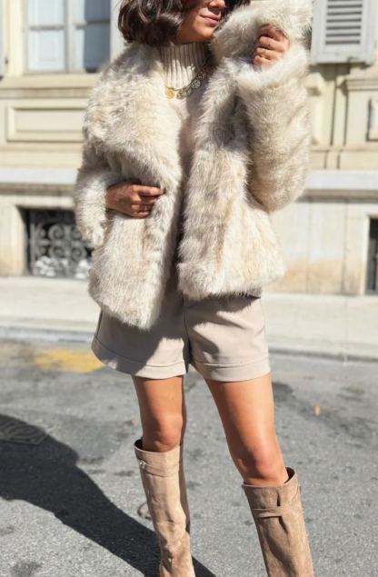 Short Faux Fur Coat with Wide Lapel Collar