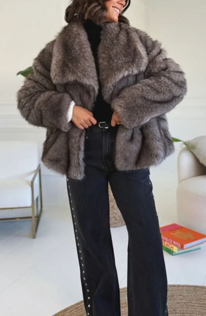 Short Faux Fur Coat with Wide Lapel Collar