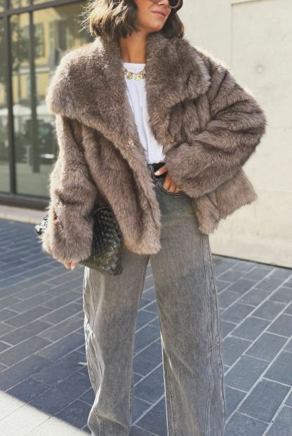 Short Faux Fur Coat with Wide Lapel Collar