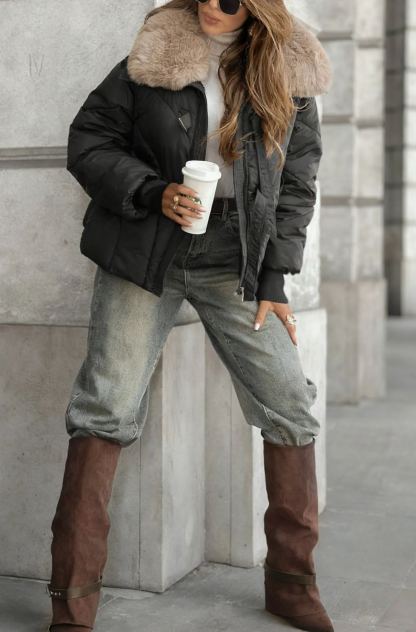 Faux Fur-Collar Puffer Coat with Metal Buckle Details