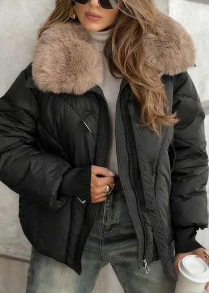 Faux Fur-Collar Puffer Coat with Metal Buckle Details