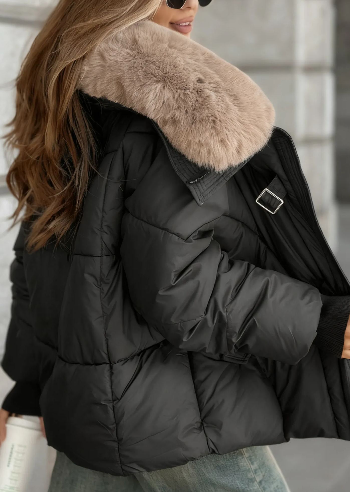 Faux Fur-Collar Puffer Coat with Metal Buckle Details