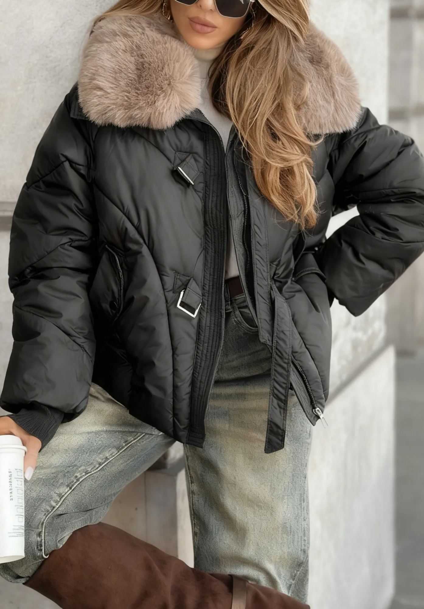 Faux Fur-Collar Puffer Coat with Metal Buckle Details
