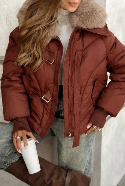 Faux Fur-Collar Puffer Coat with Metal Buckle Details