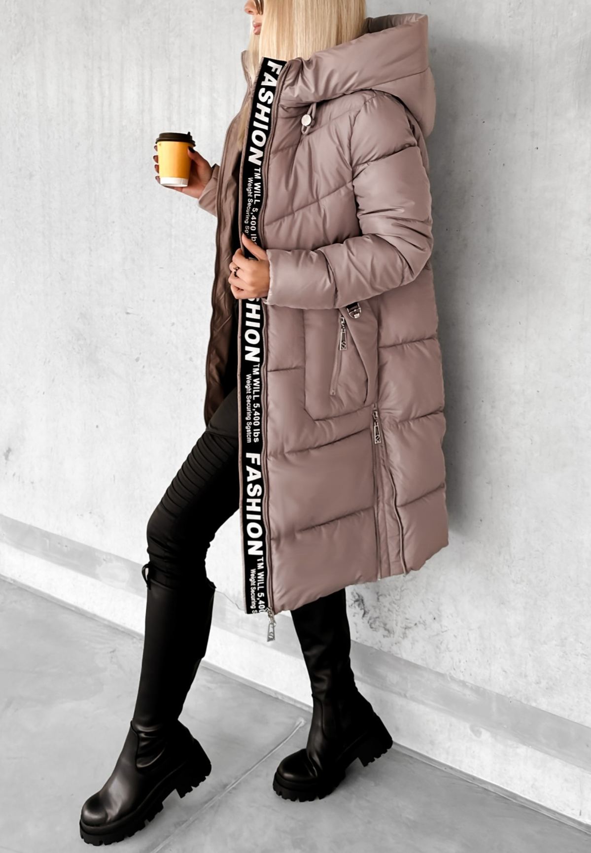 Longline Hooded Puffer Coat with Typographic Tape Trim