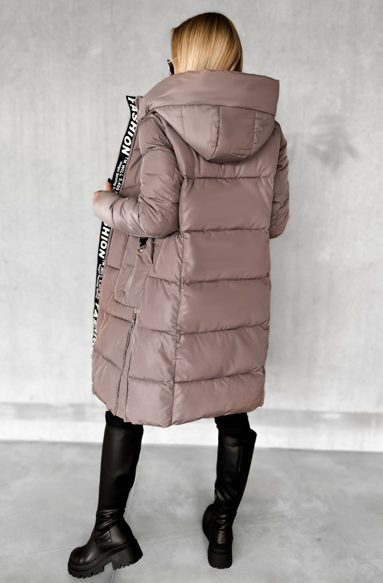 Longline Hooded Puffer Coat with Typographic Tape Trim