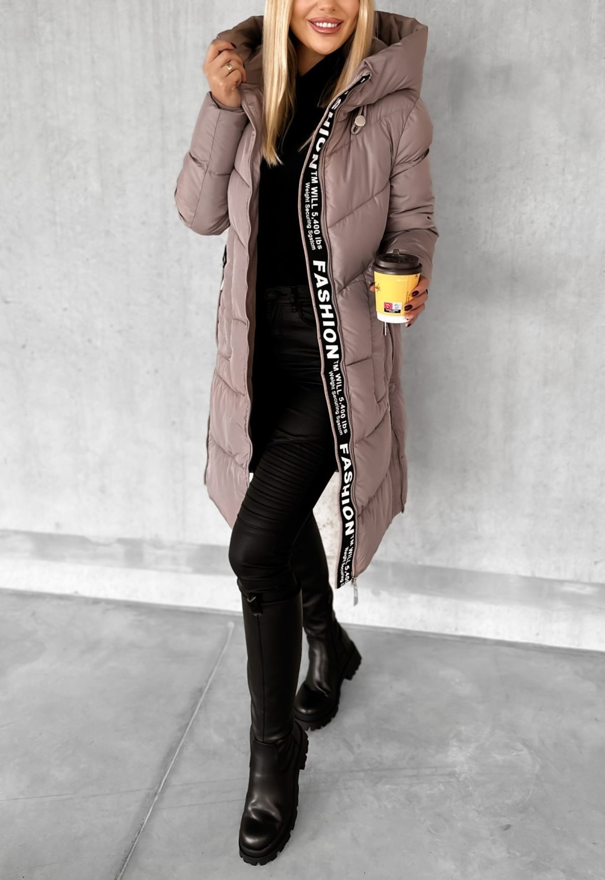Longline Hooded Puffer Coat with Typographic Tape Trim