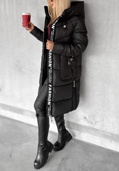 Longline Hooded Puffer Coat with Typographic Tape Trim