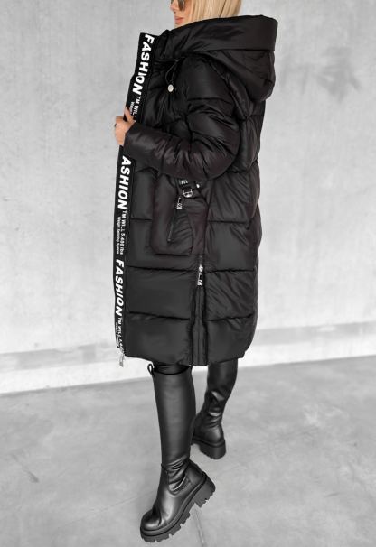 Longline Hooded Puffer Coat with Typographic Tape Trim