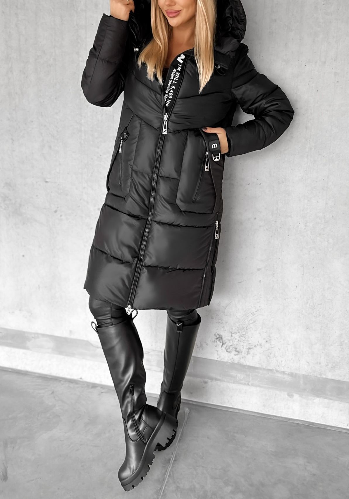 Longline Hooded Puffer Coat with Typographic Tape Trim