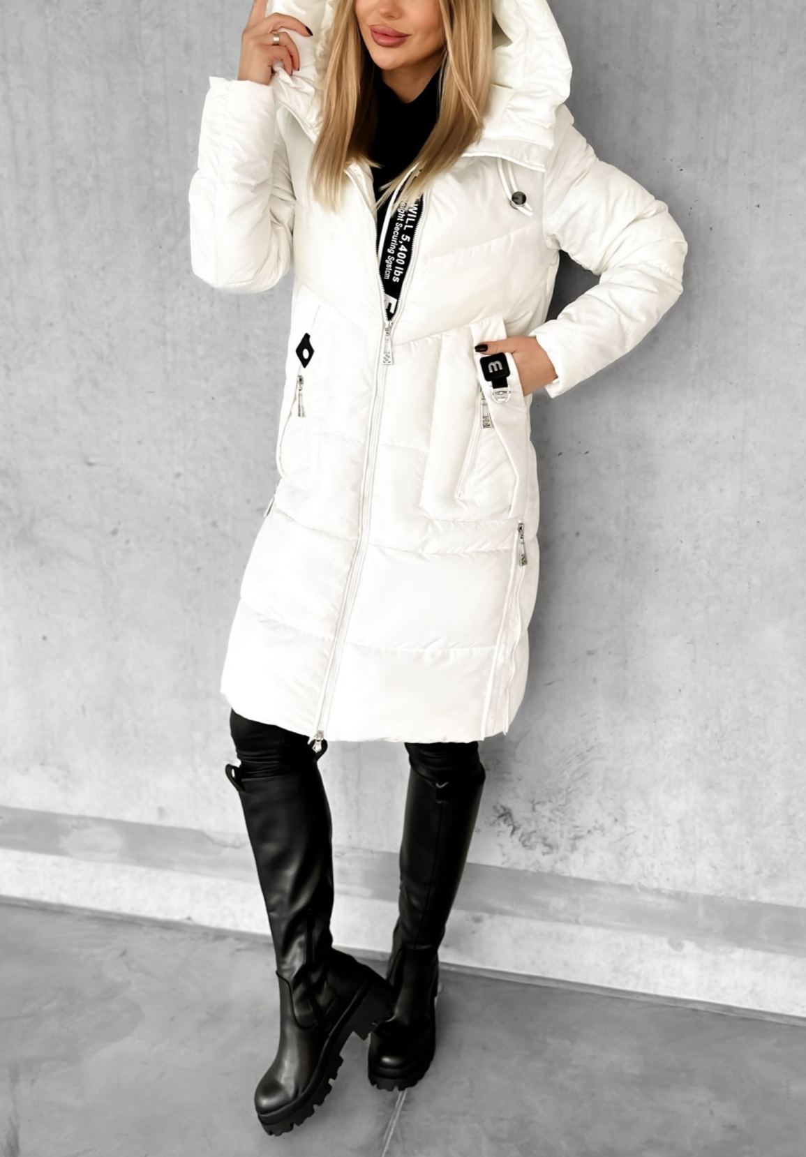 Longline Hooded Puffer Coat with Typographic Tape Trim