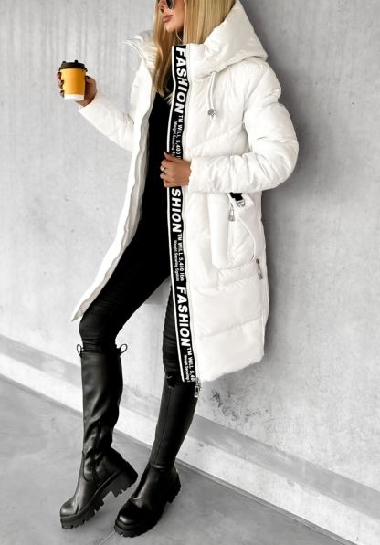 Longline Hooded Puffer Coat with Typographic Tape Trim