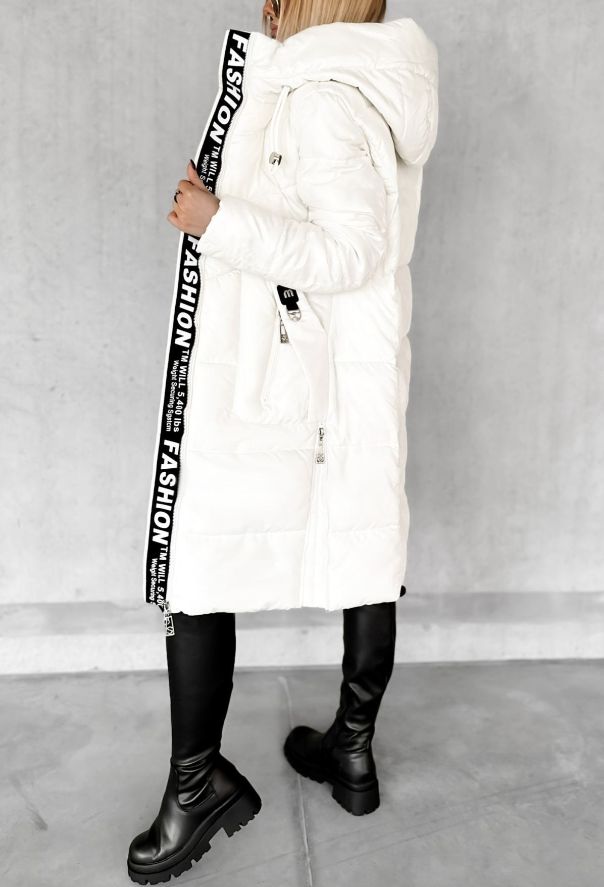 Longline Hooded Puffer Coat with Typographic Tape Trim