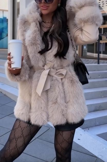 Faux Fur-Accented Belted Coat