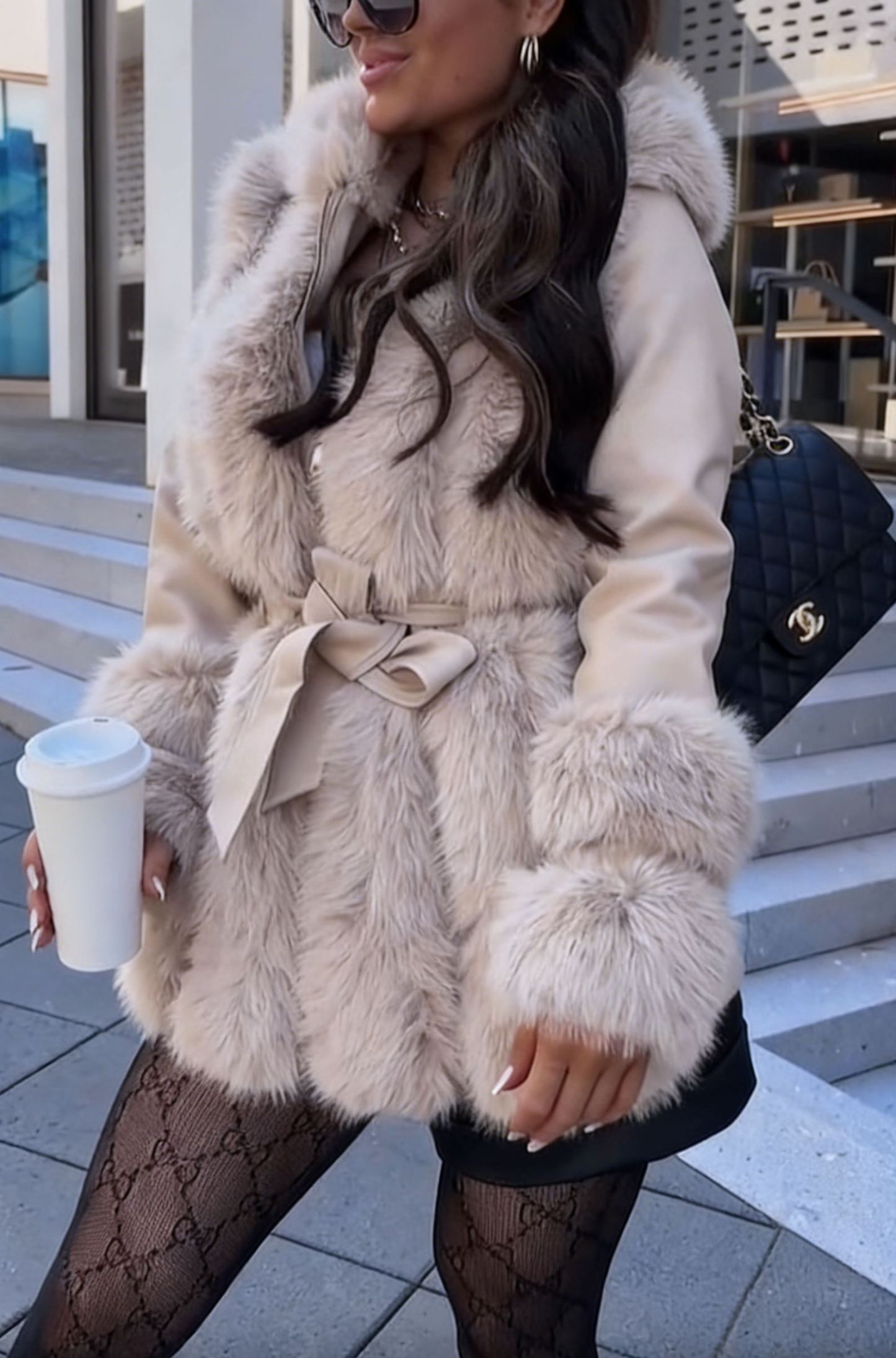 Faux Fur-Accented Belted Coat