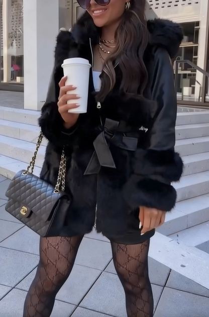 Faux Fur-Accented Belted Coat