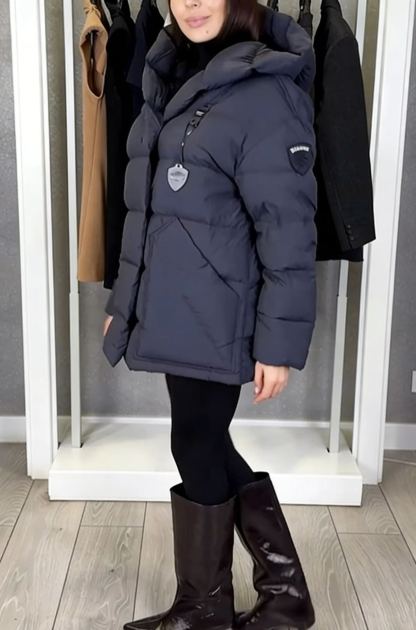 Hooded Mid-Length Puffer Coat with Magnetic Closure
