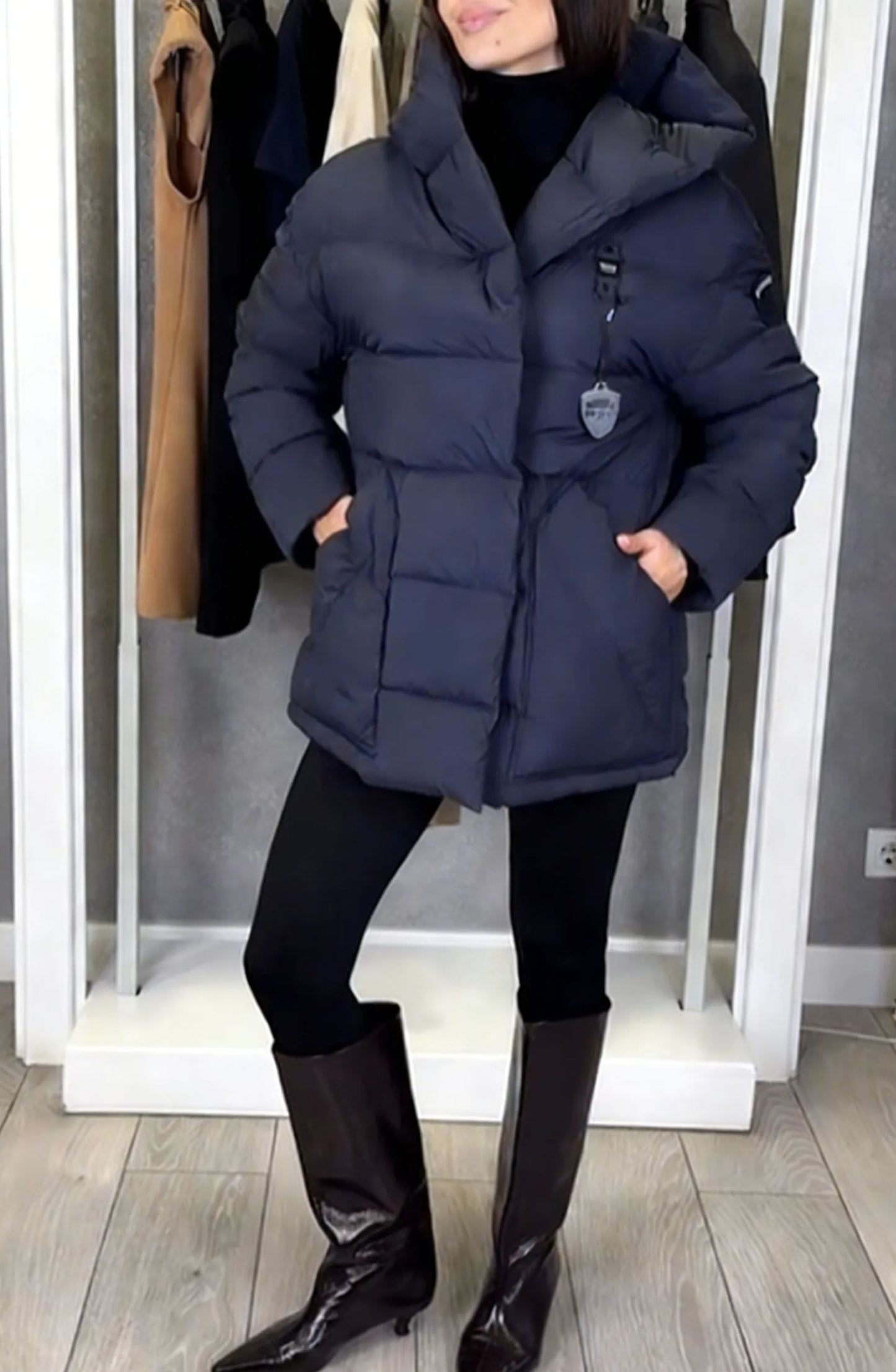 Hooded Mid-Length Puffer Coat with Magnetic Closure