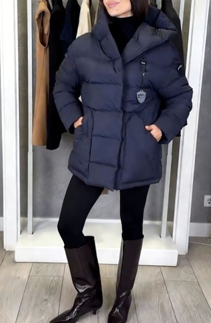 Hooded Mid-Length Puffer Coat with Magnetic Closure