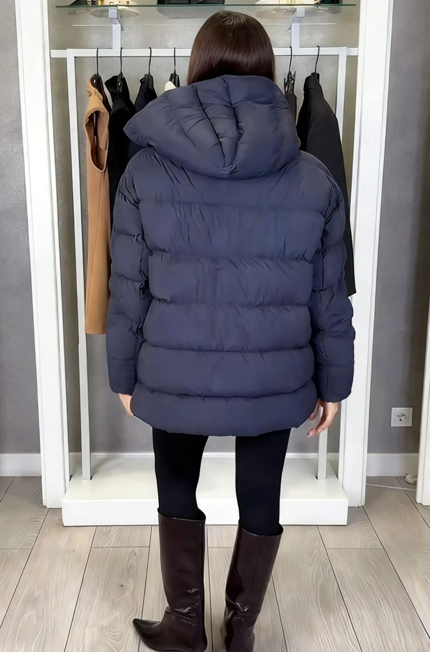 Hooded Mid-Length Puffer Coat with Magnetic Closure