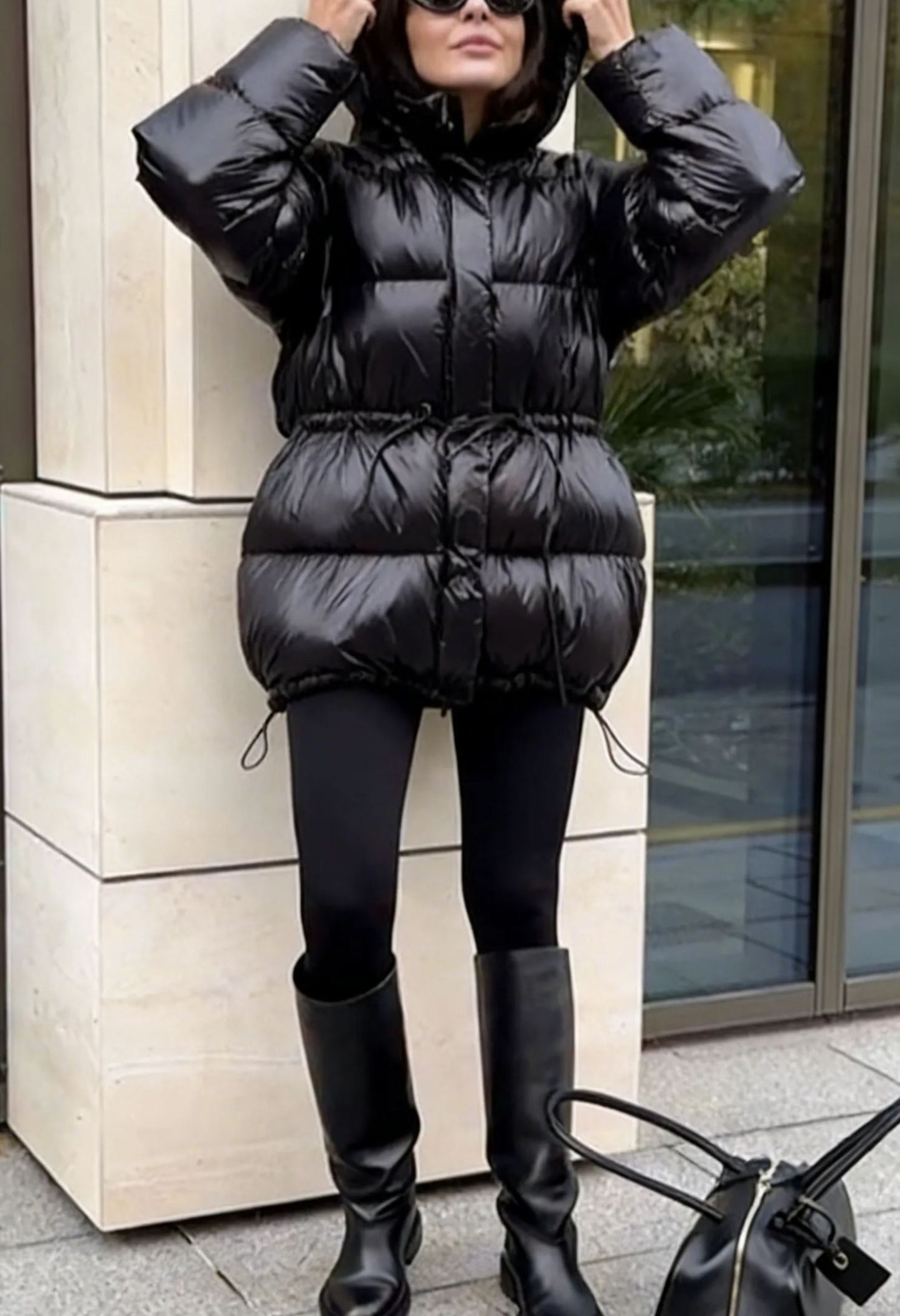 Hooded Puffer Coat with Adjustable Drawstring Waist