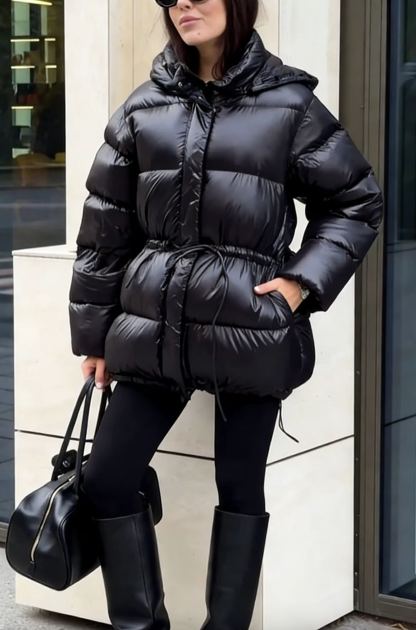 Hooded Puffer Coat with Adjustable Drawstring Waist
