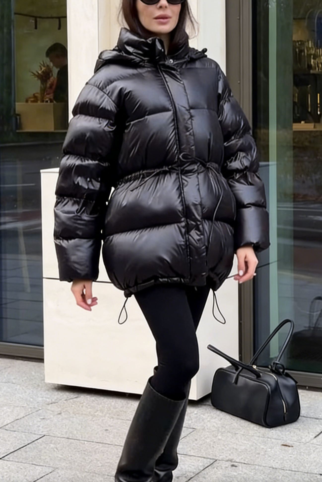 Hooded Puffer Coat with Adjustable Drawstring Waist