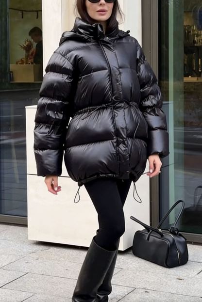 Hooded Puffer Coat with Adjustable Drawstring Waist