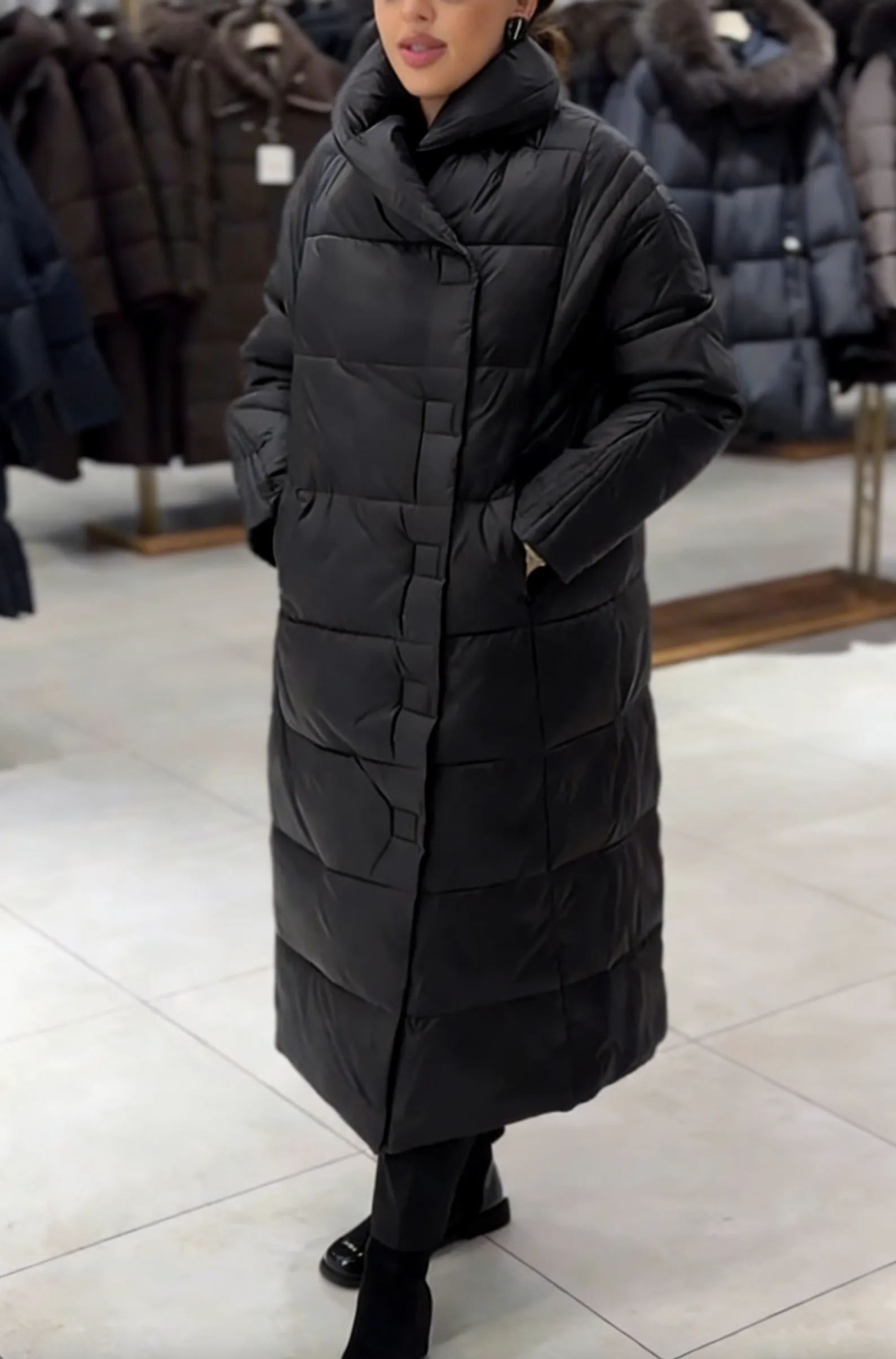 Longline Puffer Coat with Magnetic Snap Closure