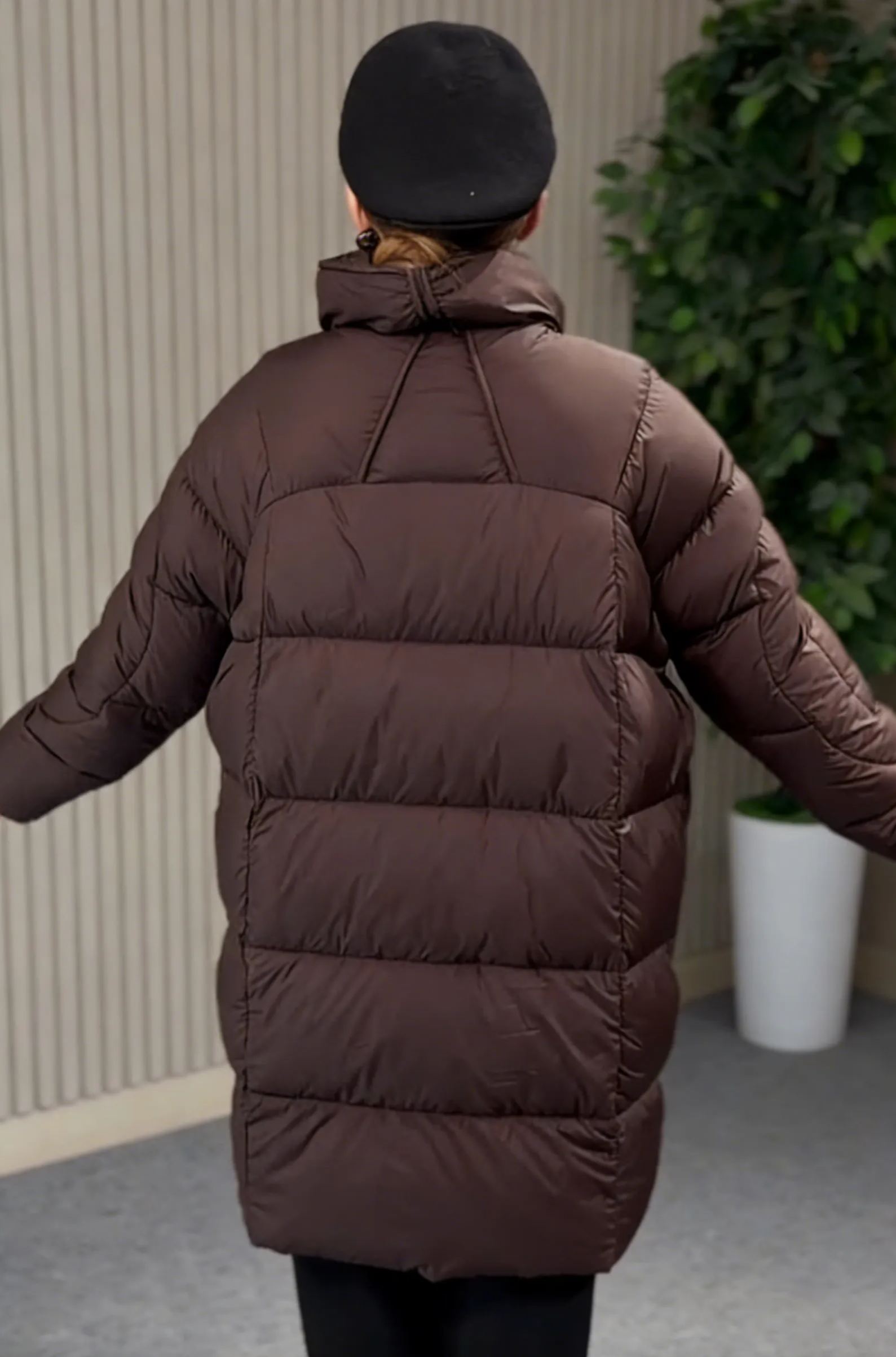 Black Mid-Length Puffer Coat with Magnetic Snap & Hidden Zipper