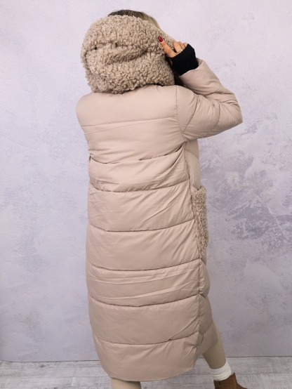 Longline Puffer Coat with Shearling Trim & Self-Tie Belt