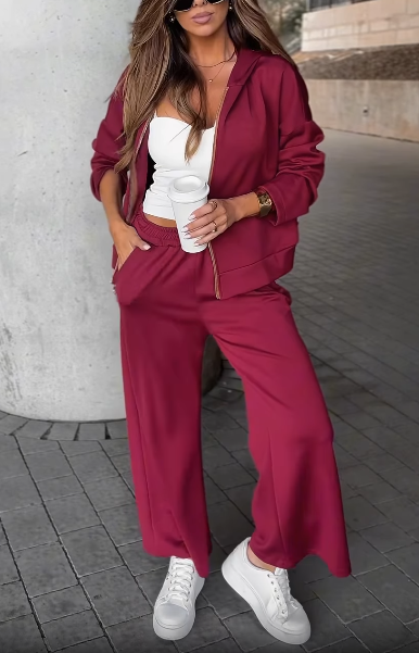 Zip - Up Jacket and Wide - Leg Pants Set