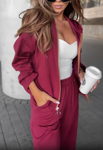 Zip - Up Jacket and Wide - Leg Pants Set