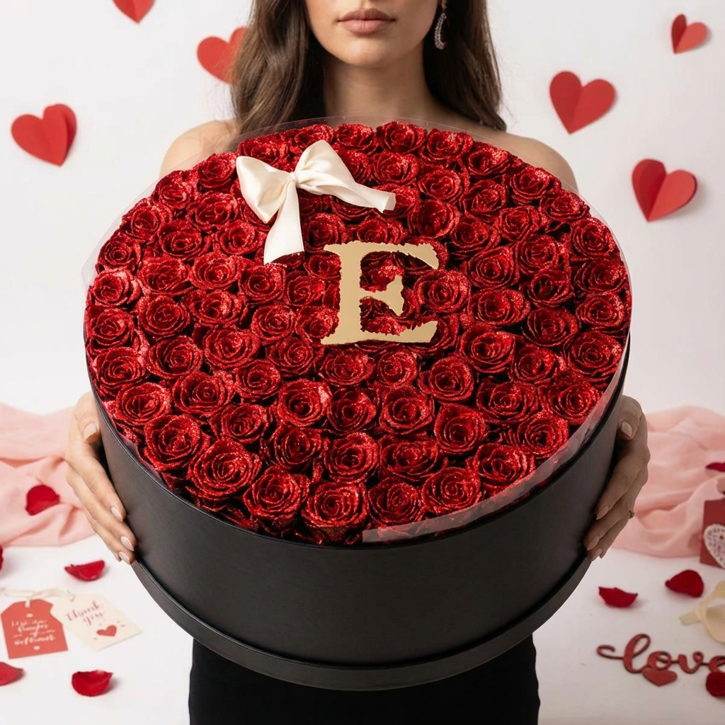 Circle Glitter Rose Box With Initial Couple Gift