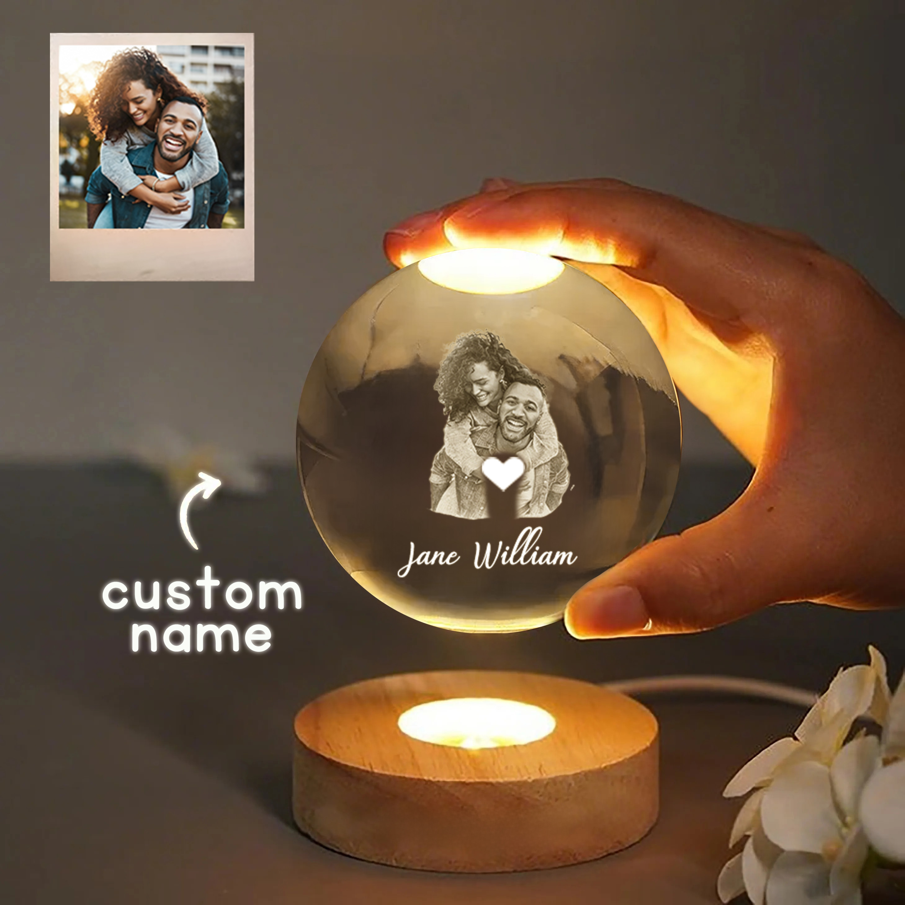 Couple Photo and Name 3D Spherical Crystal Ball Lamp
