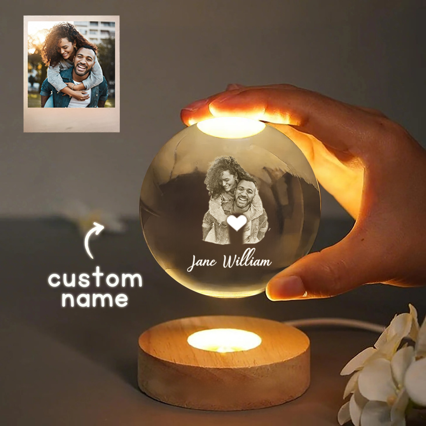 Couple Photo and Name 3D Spherical Crystal Ball Lamp