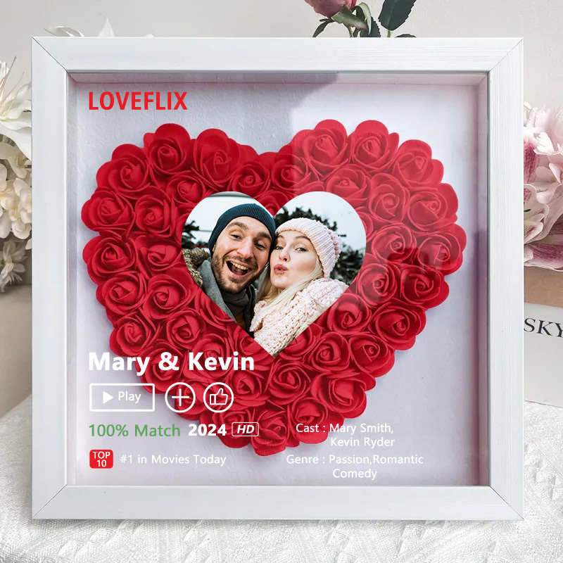 (Heart Shaped) Custom LOVEFLIX Movie Photo Flower Shadow Box with Your Love Story-forlovever