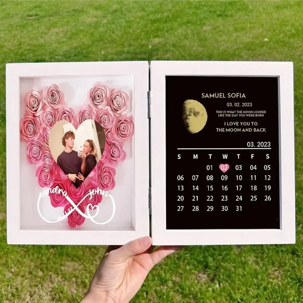 (Infinity Sign With Names) Custom Flowers Frame with REAL MOON PHASE Anniversary Calendar