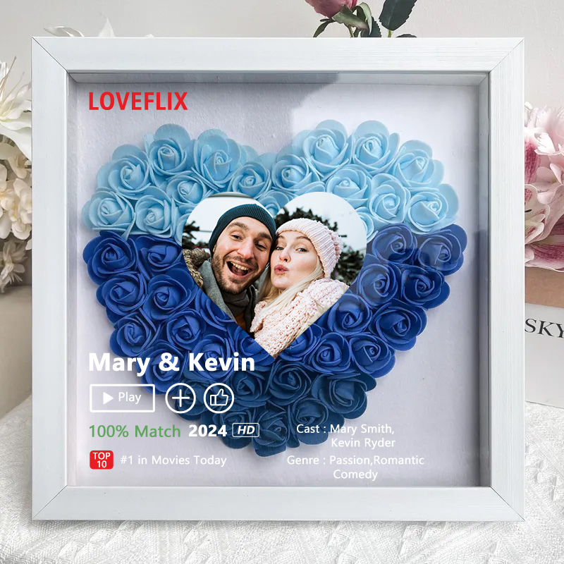(Heart Shaped) Custom LOVEFLIX Movie Photo Flower Shadow Box with Your Love Story-forlovever
