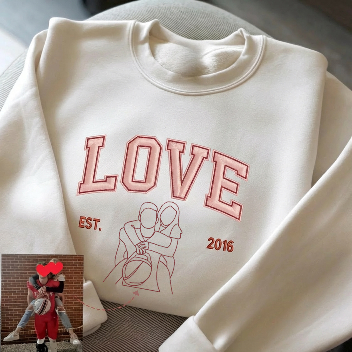 Custom Embroidered Outline Photo Couple LOVE Est Year Valentines Matching Couple Gift