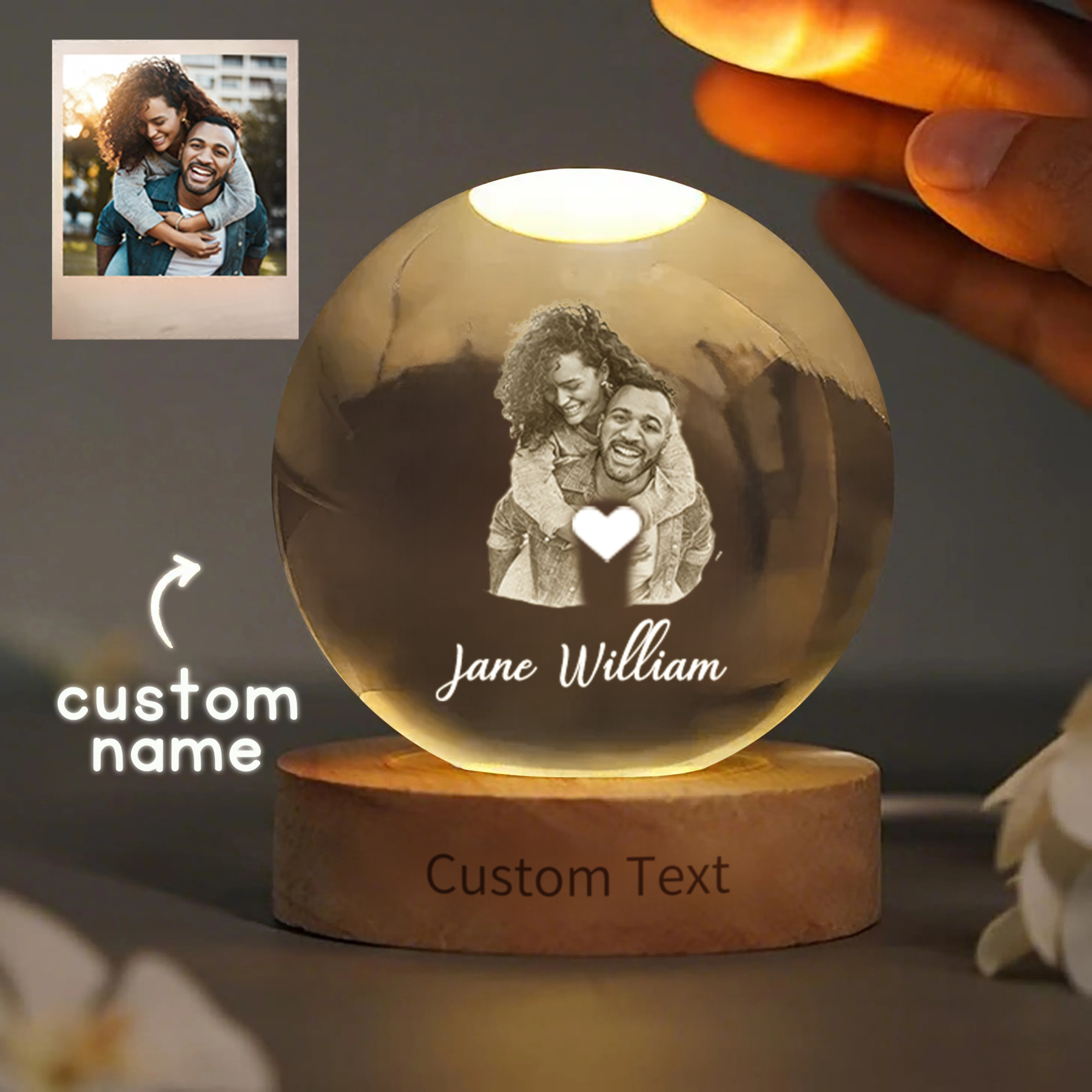 Couple Photo and Name 3D Spherical Crystal Ball Lamp