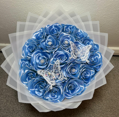 Light Blue Eternal Roses - HandMade From Satin Ribbon(Never Wither)
