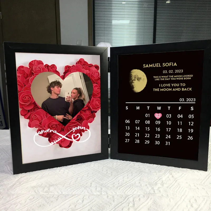 (Infinity Sign With Names) Custom Flowers Frame with REAL MOON PHASE Anniversary Calendar
