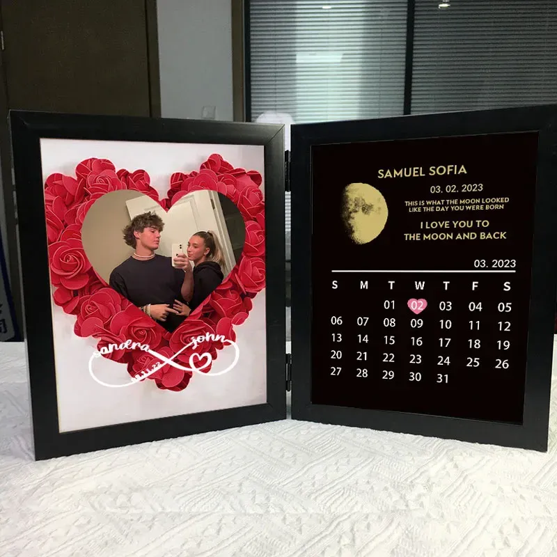 (Infinity Sign With Names) Custom Flowers Frame with REAL MOON PHASE Anniversary Calendar