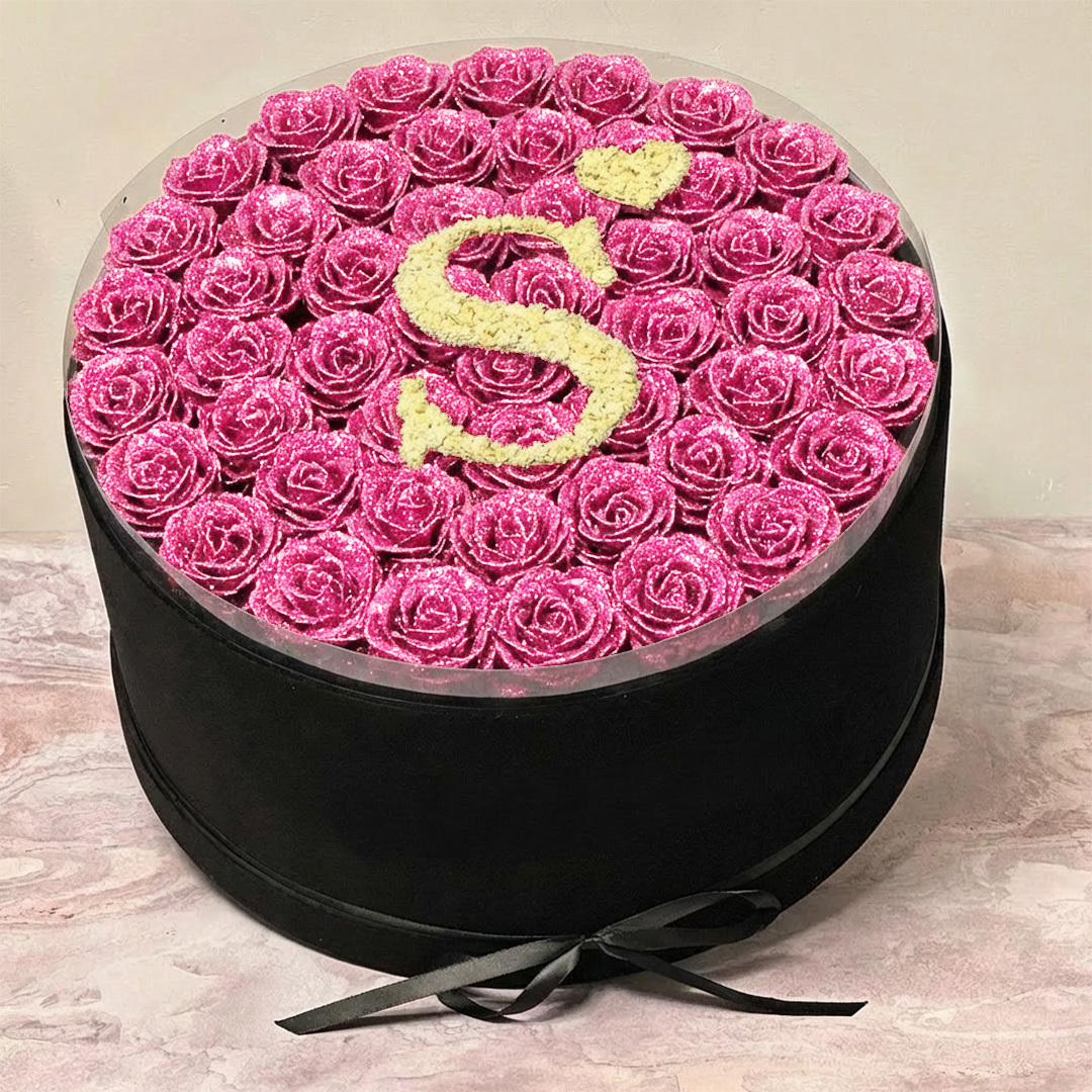 Circle Glitter Rose Box With Initial Couple Gift