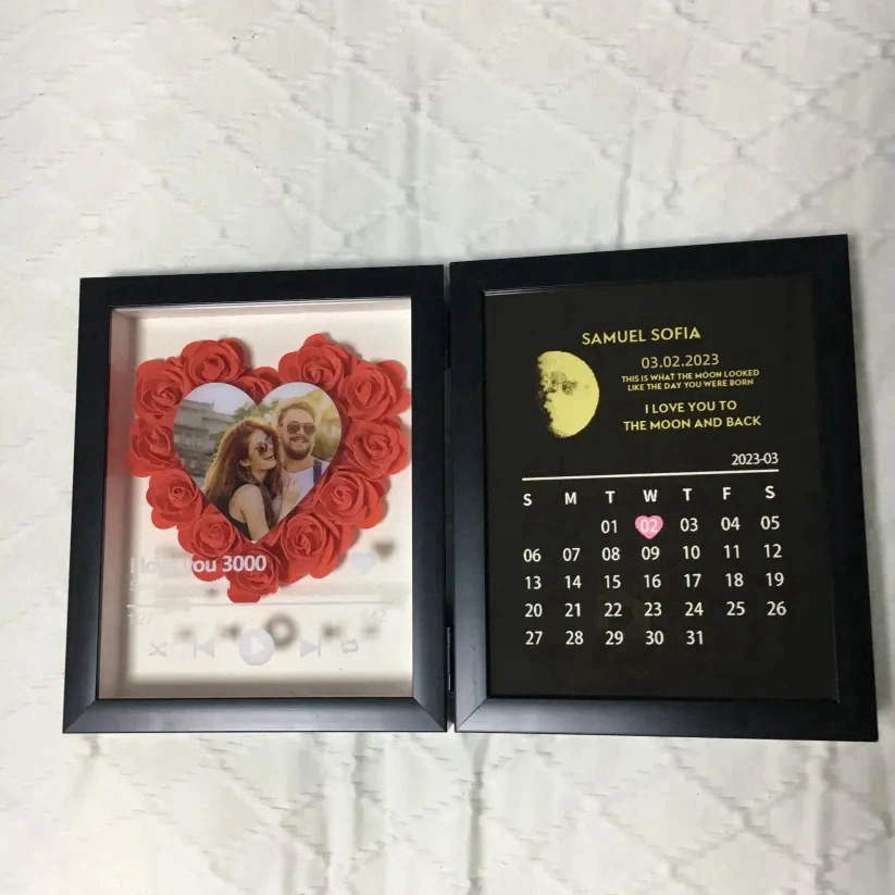 (Heart With Song) Custom Flowers Frame with REAL MOON PHASE Anniversary Calendar-forlovever