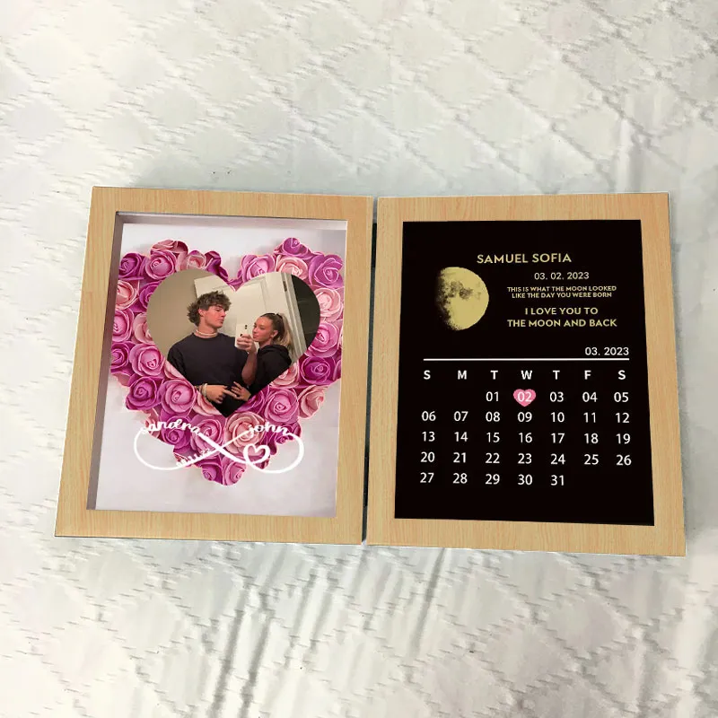 (Infinity Sign With Names) Custom Flowers Frame with REAL MOON PHASE Anniversary Calendar