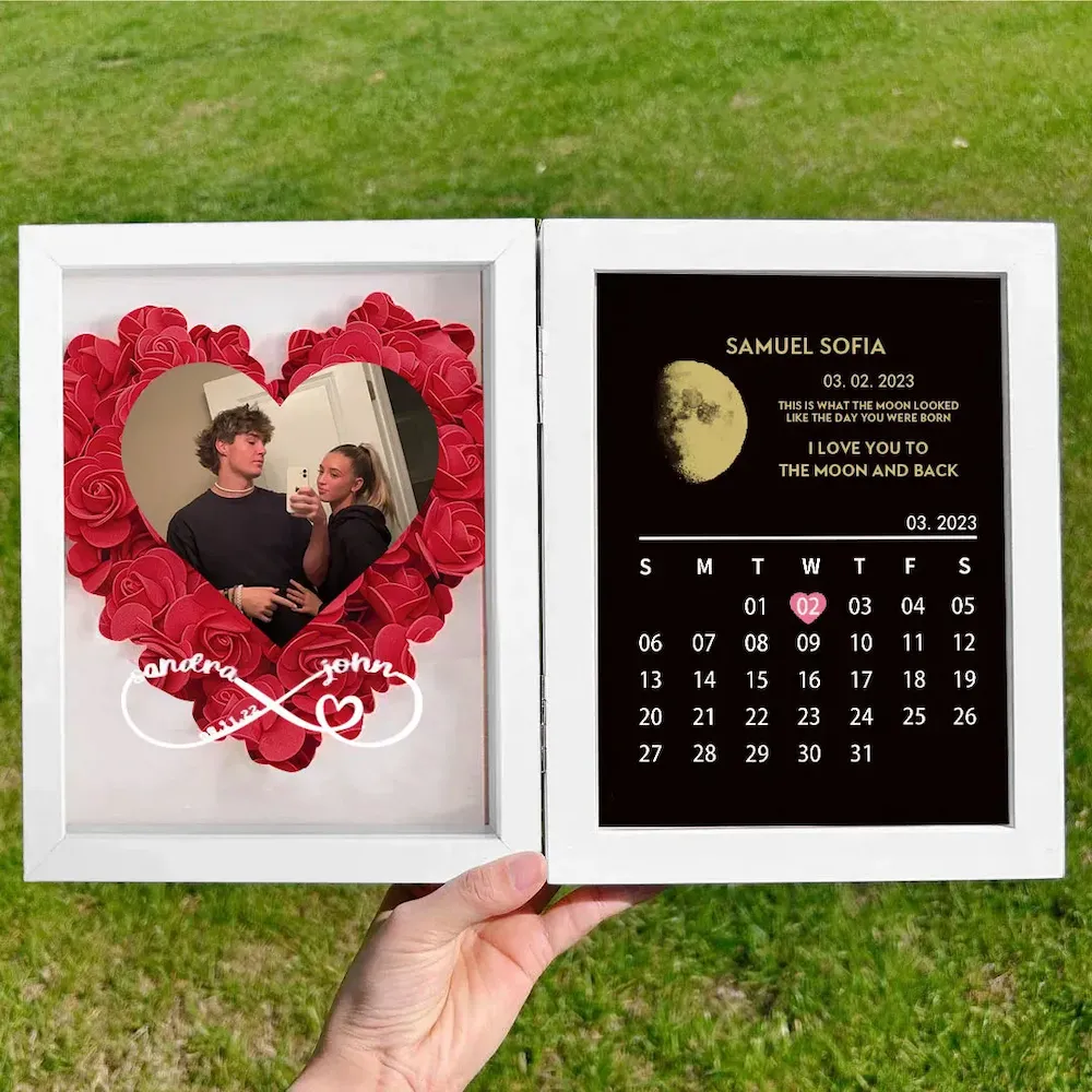 (Infinity Sign With Names) Custom Flowers Frame with REAL MOON PHASE Anniversary Calendar