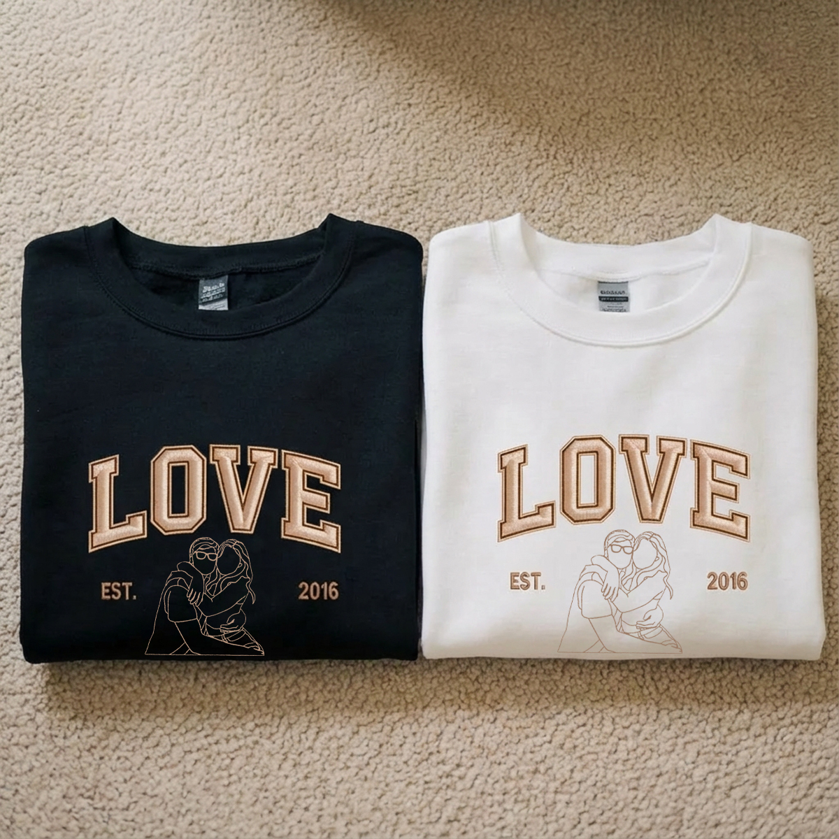 Custom Embroidered Outline Photo Couple LOVE Est Year Valentines Matching Couple Gift