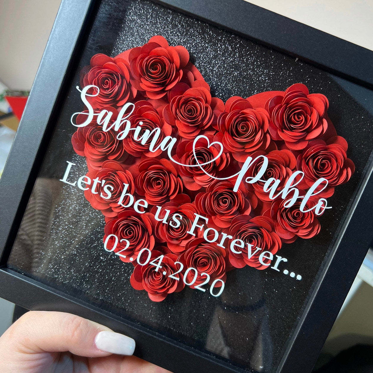 Custom Heart Flower Shadow Box with Text-forlovever
